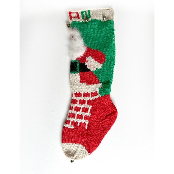 Hand Knit Christmas Stocking Large 21" for EVAN Santa Claus Fuzzy Beard Bells - Picture 3 of 7